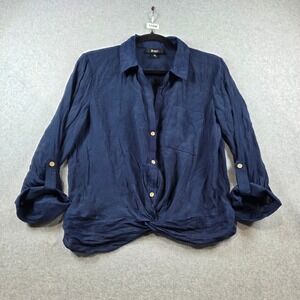 B-Wear Women Navy Blue Twist Front Roll Tab Sleeve Button Up Blouse Size M
